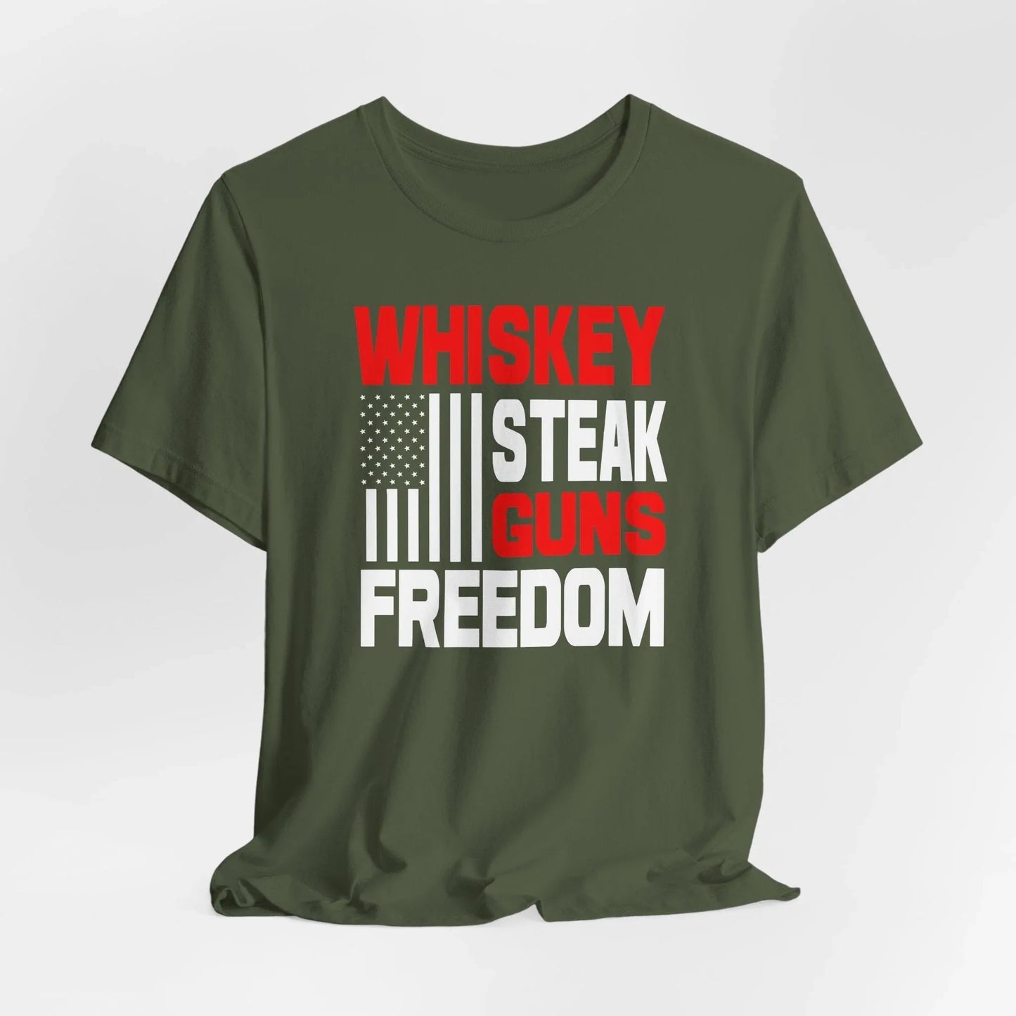 Whiskey, Steak, Guns & Freedom Patriotic Unisex T-Shirt, American Flag, Freedom Tee, USA gift - SKULLFURY MERCH