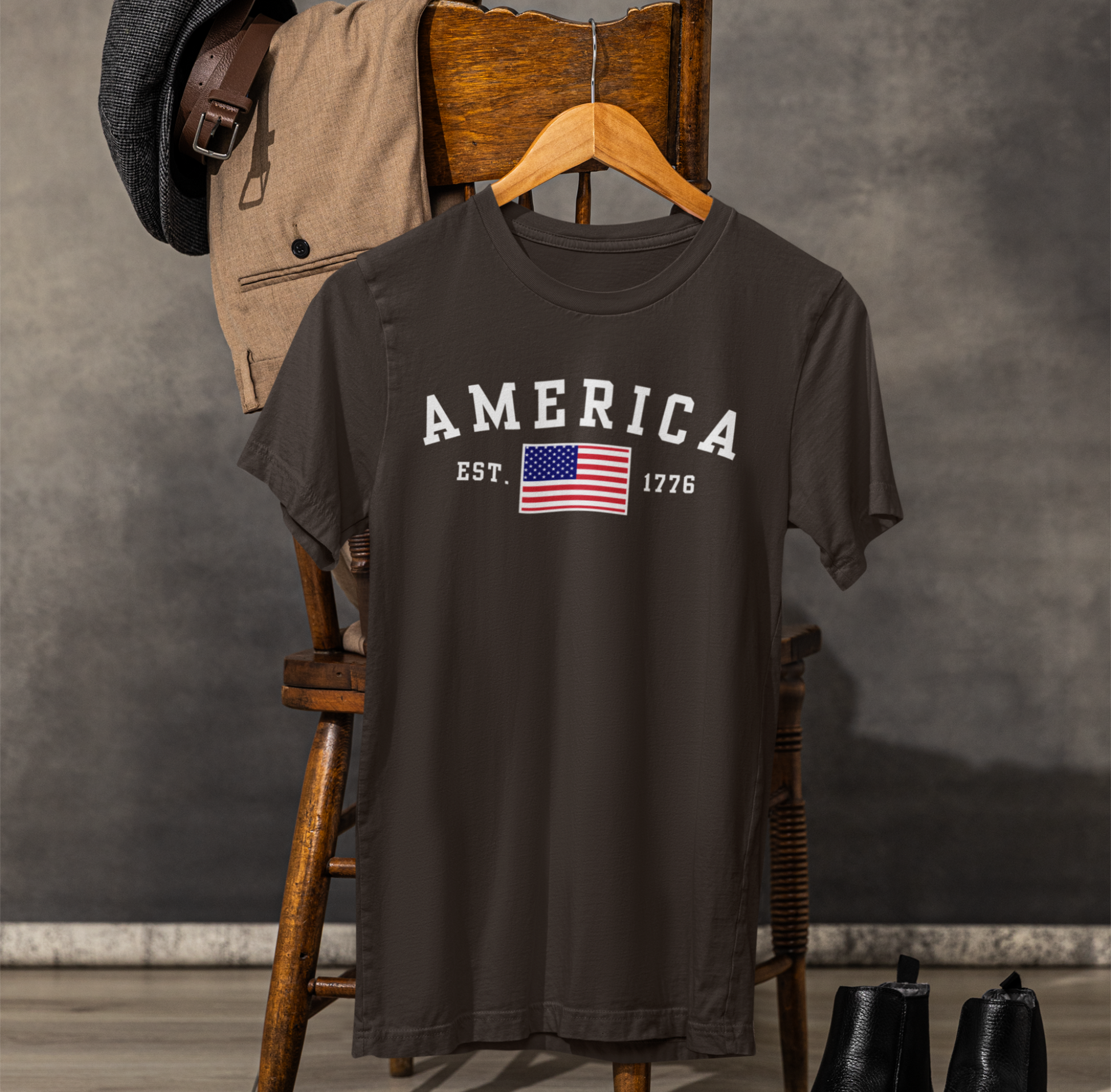 America Est 1776 Patriotic Unisex T-Shirt (White Print) Celebrate Freedom and Liberty, USA Tee, Independence Day Shirt