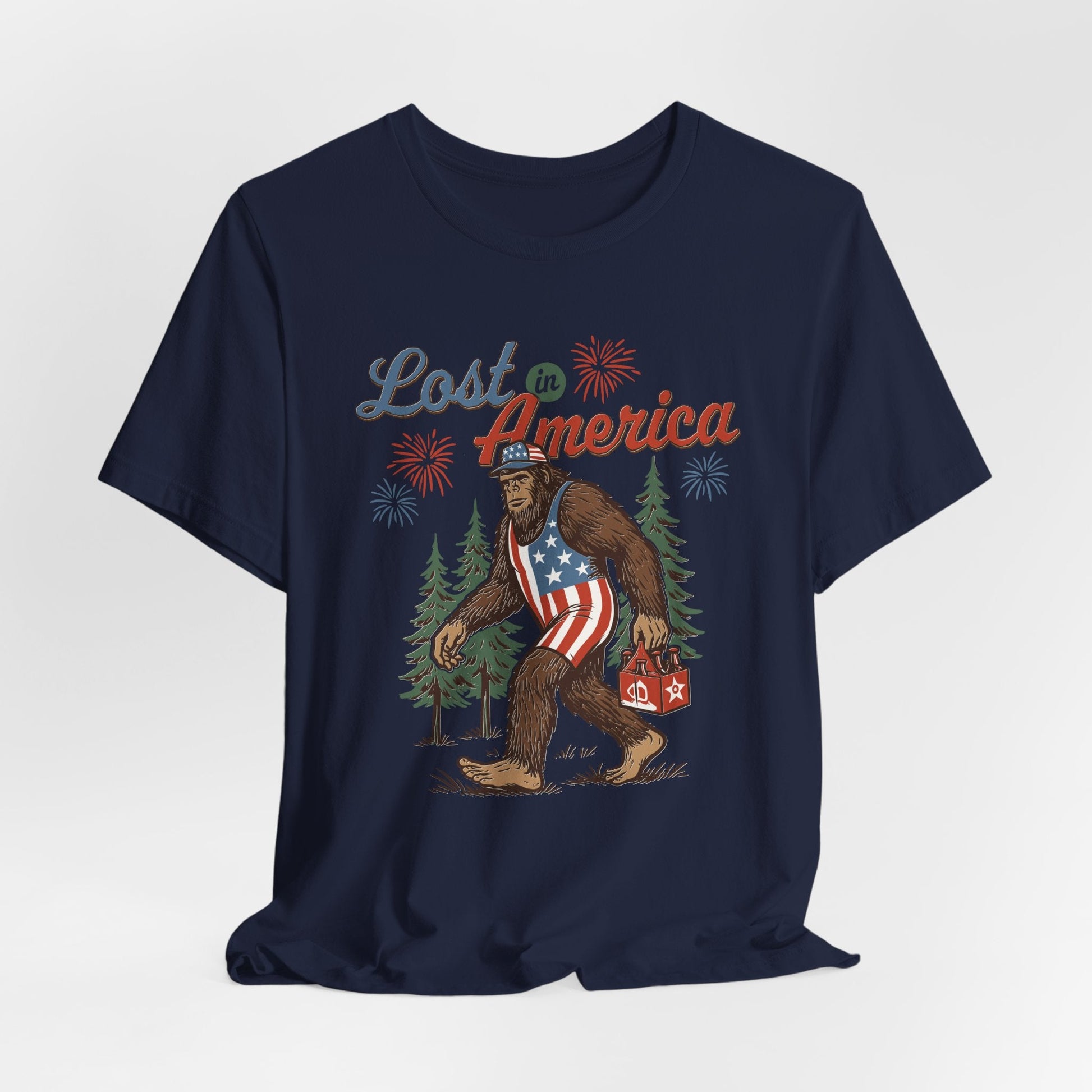 Lost in America Bigfoot Tee, Casual Summer Shirt, Outdoor Adventure Tee, Fun Gift for Nature Lovers, Festival Outfit, Patriotic Apparel