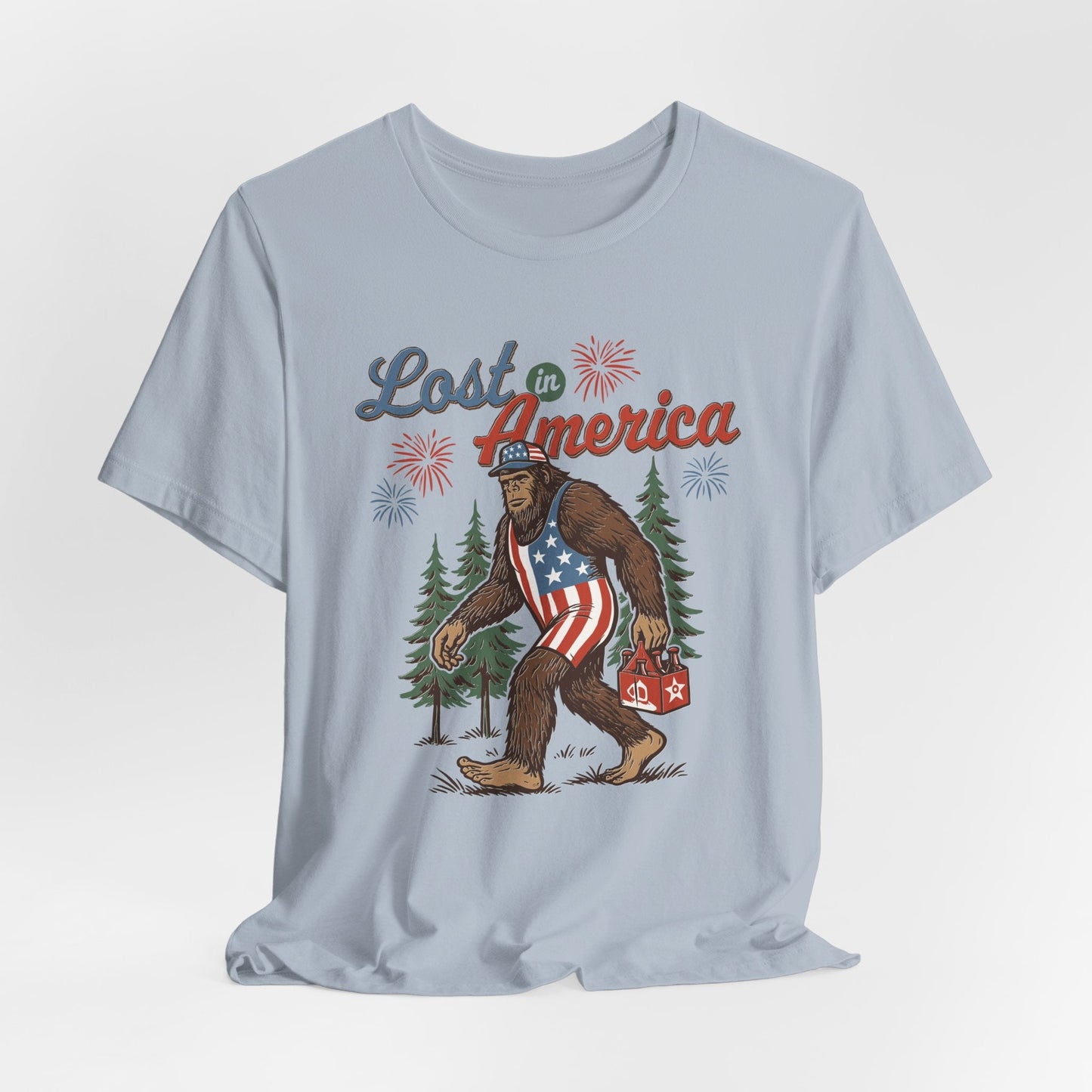 Lost in America Bigfoot Tee, Casual Summer Shirt, Outdoor Adventure Tee, Fun Gift for Nature Lovers, Festival Outfit, Patriotic Apparel