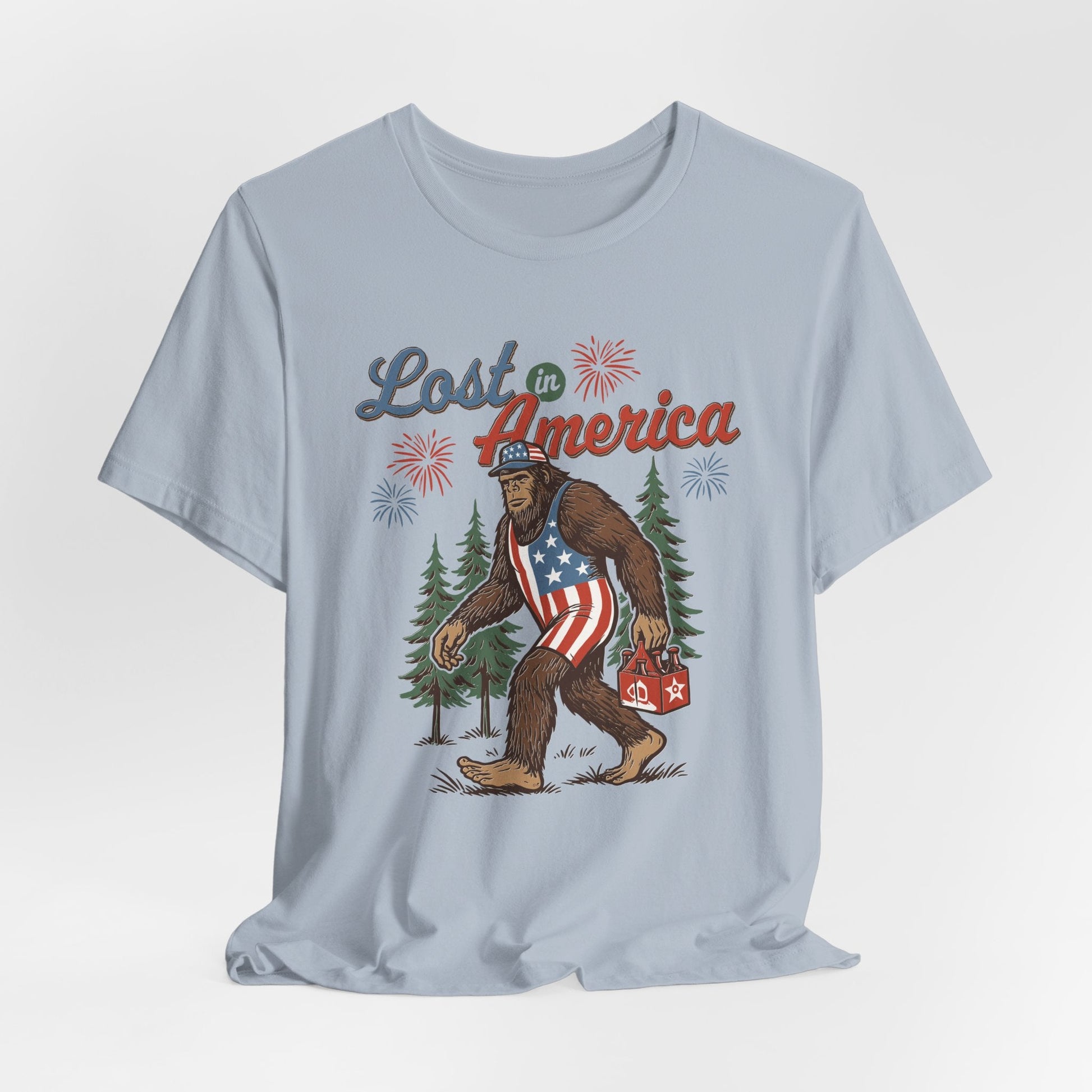 Lost in America Bigfoot Tee, Casual Summer Shirt, Outdoor Adventure Tee, Fun Gift for Nature Lovers, Festival Outfit, Patriotic Apparel
