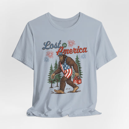 Lost in America Bigfoot Tee, Casual Summer Shirt, Outdoor Adventure Tee, Fun Gift for Nature Lovers, Festival Outfit, Patriotic Apparel