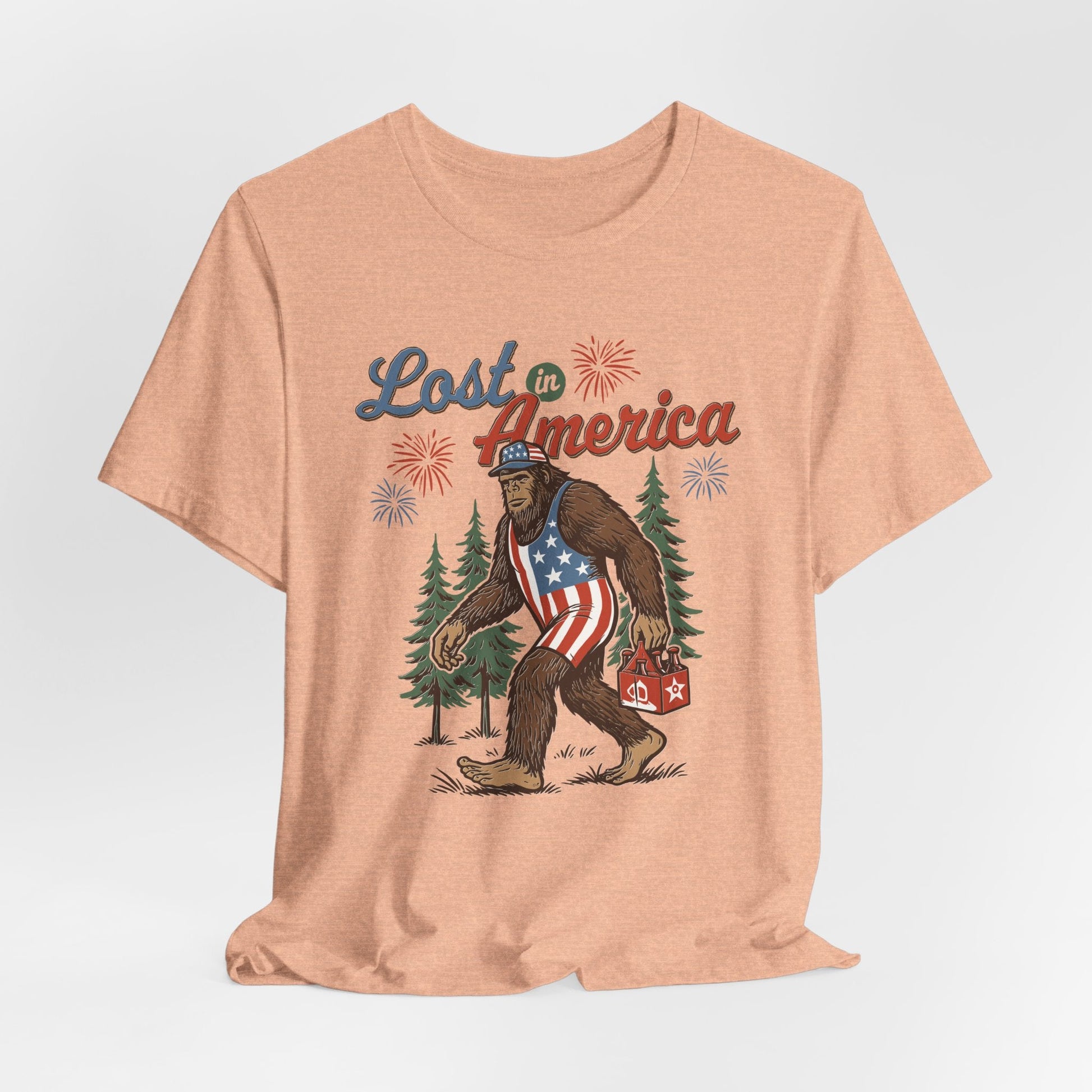 Lost in America Bigfoot Tee, Casual Summer Shirt, Outdoor Adventure Tee, Fun Gift for Nature Lovers, Festival Outfit, Patriotic Apparel