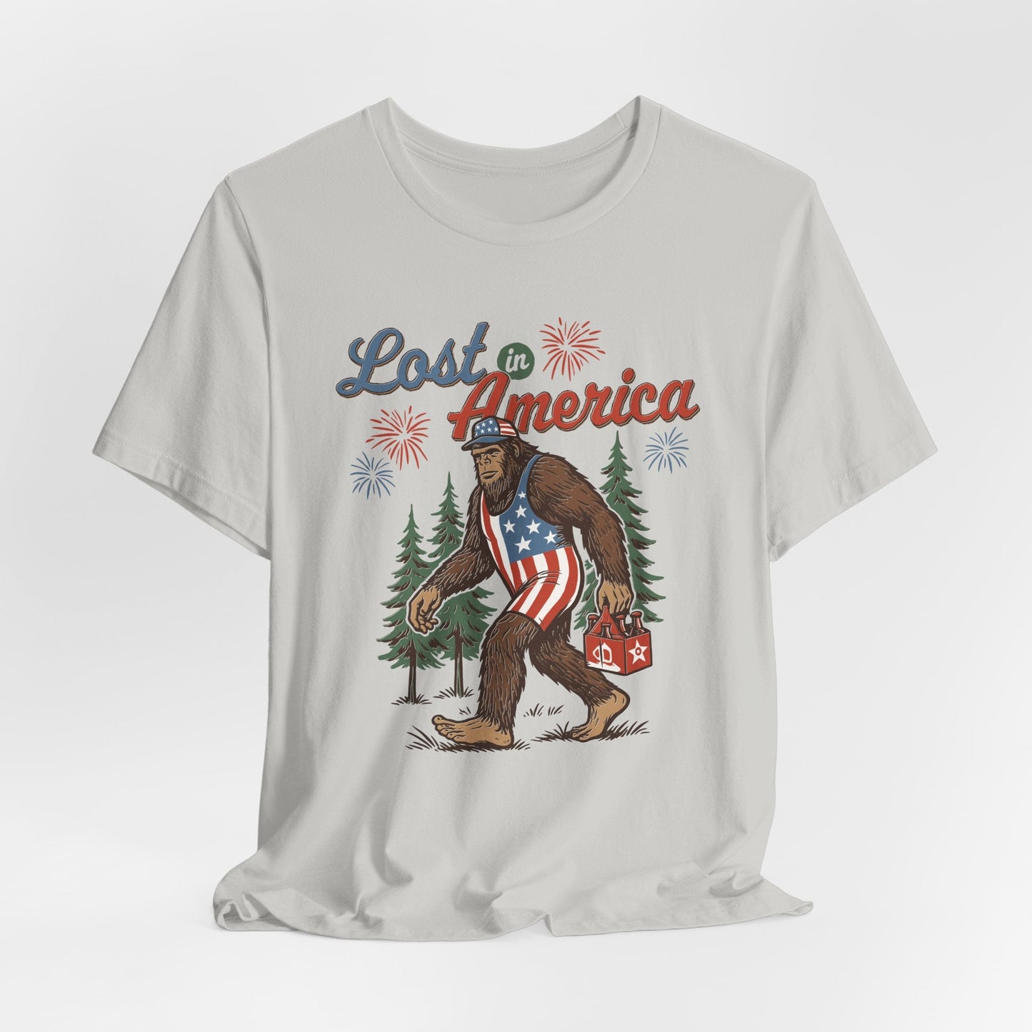 Lost in America Bigfoot Tee, Casual Summer Shirt, Outdoor Adventure Tee, Fun Gift for Nature Lovers, Festival Outfit, Patriotic Apparel