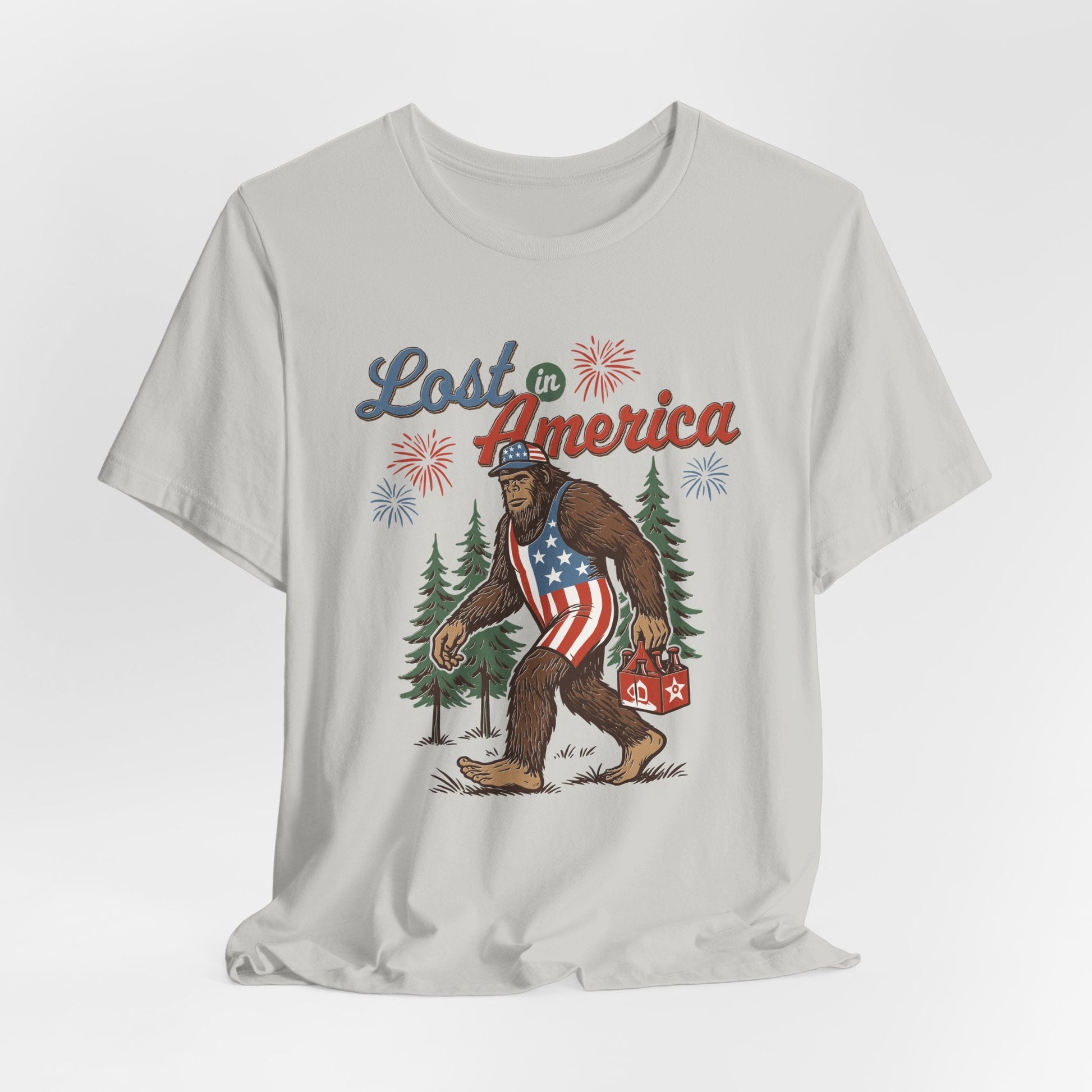 Lost in America Bigfoot Tee, Casual Summer Shirt, Outdoor Adventure Tee, Fun Gift for Nature Lovers, Festival Outfit, Patriotic Apparel