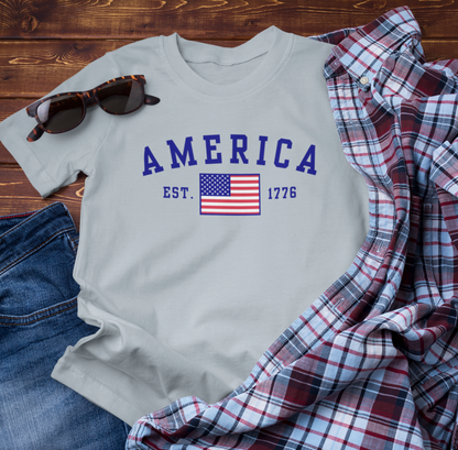 America Est 1776 Patriotic Unisex T-Shirt (Blue Print) Celebrate Freedom and Liberty, Independence Day Shirt