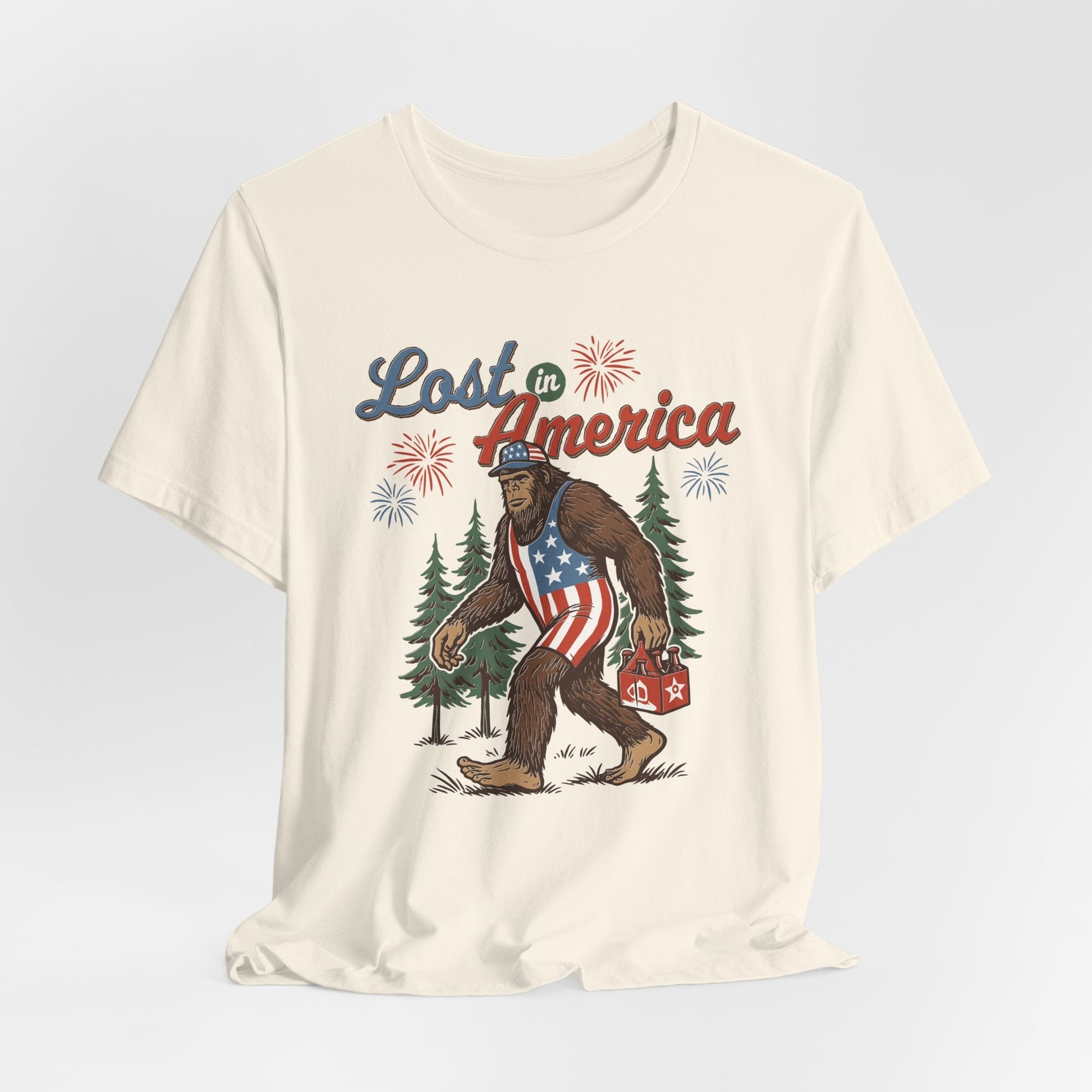 Lost in America Bigfoot Tee, Casual Summer Shirt, Outdoor Adventure Tee, Fun Gift for Nature Lovers, Festival Outfit, Patriotic Apparel