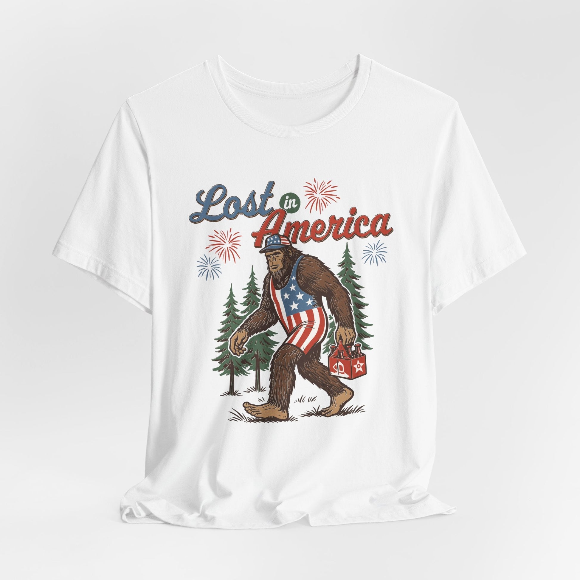 Lost in America Bigfoot Tee, Casual Summer Shirt, Outdoor Adventure Tee, Fun Gift for Nature Lovers, Festival Outfit, Patriotic Apparel