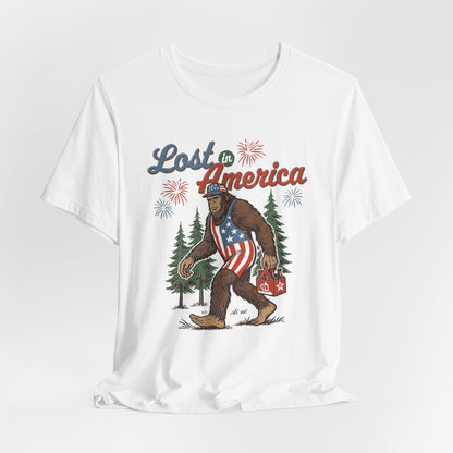 Lost in America Bigfoot Tee, Casual Summer Shirt, Outdoor Adventure Tee, Fun Gift for Nature Lovers, Festival Outfit, Patriotic Apparel
