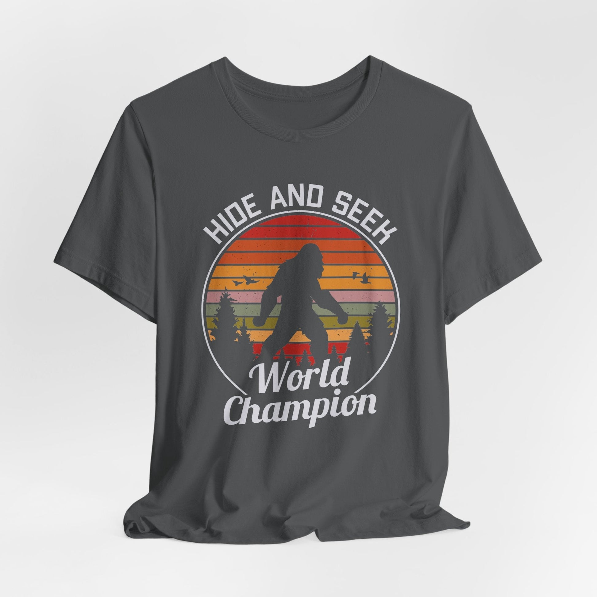 Bigfoot Hide and Seek Champion Tee, Unisex T-Shirt, Fun Gift for Kids & Adults, Retro Humor Shirt, Nature Lover Apparel, Perfect for Parties