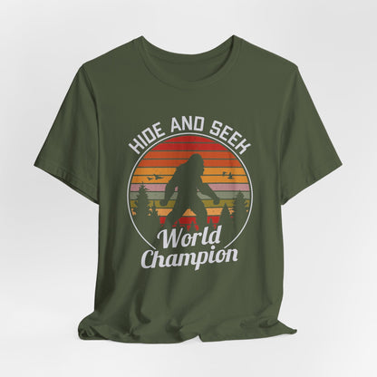 Bigfoot Hide and Seek Champion Tee, Unisex T-Shirt, Fun Gift for Kids & Adults, Retro Humor Shirt, Nature Lover Apparel, Perfect for Parties