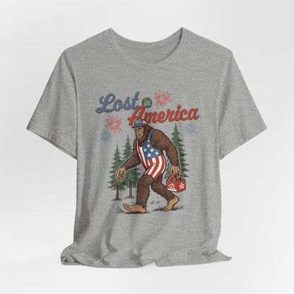 Lost in America Bigfoot Tee, Casual Summer Shirt, Outdoor Adventure Tee, Fun Gift for Nature Lovers, Festival Outfit, Patriotic Apparel