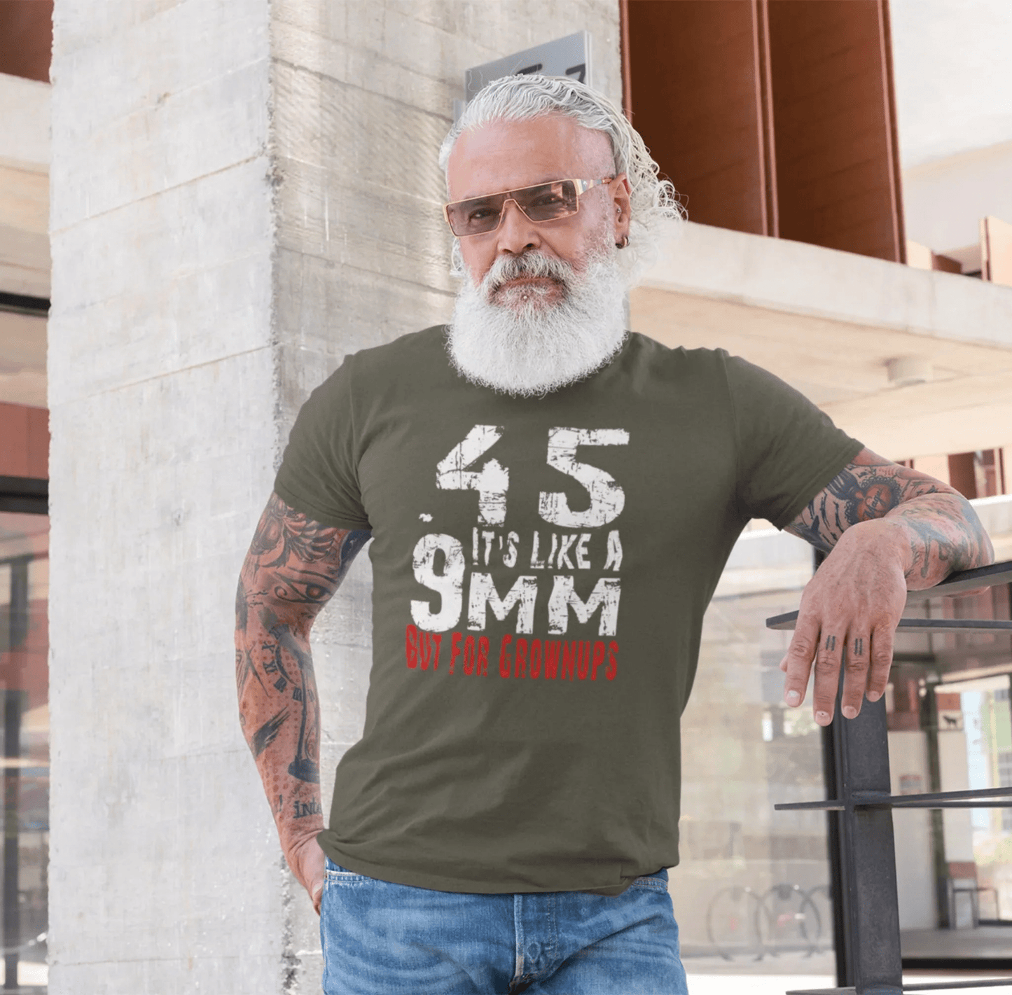45, It's Like a 9mm, But For Grownups Unisex T-Shirt, Gun Humor Unisex Tee, Perfect for Gun Enthusiasts, Funny T-Shirt - SKULLFURY MERCH