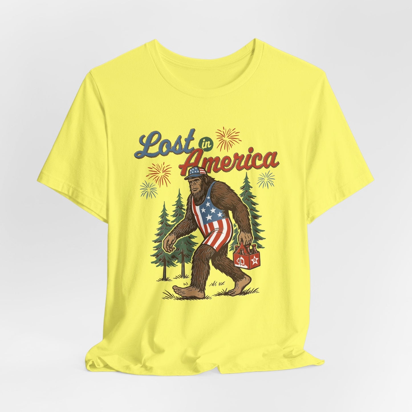 Lost in America Bigfoot Tee, Casual Summer Shirt, Outdoor Adventure Tee, Fun Gift for Nature Lovers, Festival Outfit, Patriotic Apparel