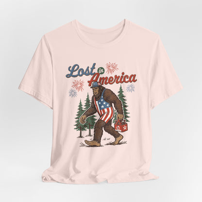 Lost in America Bigfoot Tee, Casual Summer Shirt, Outdoor Adventure Tee, Fun Gift for Nature Lovers, Festival Outfit, Patriotic Apparel