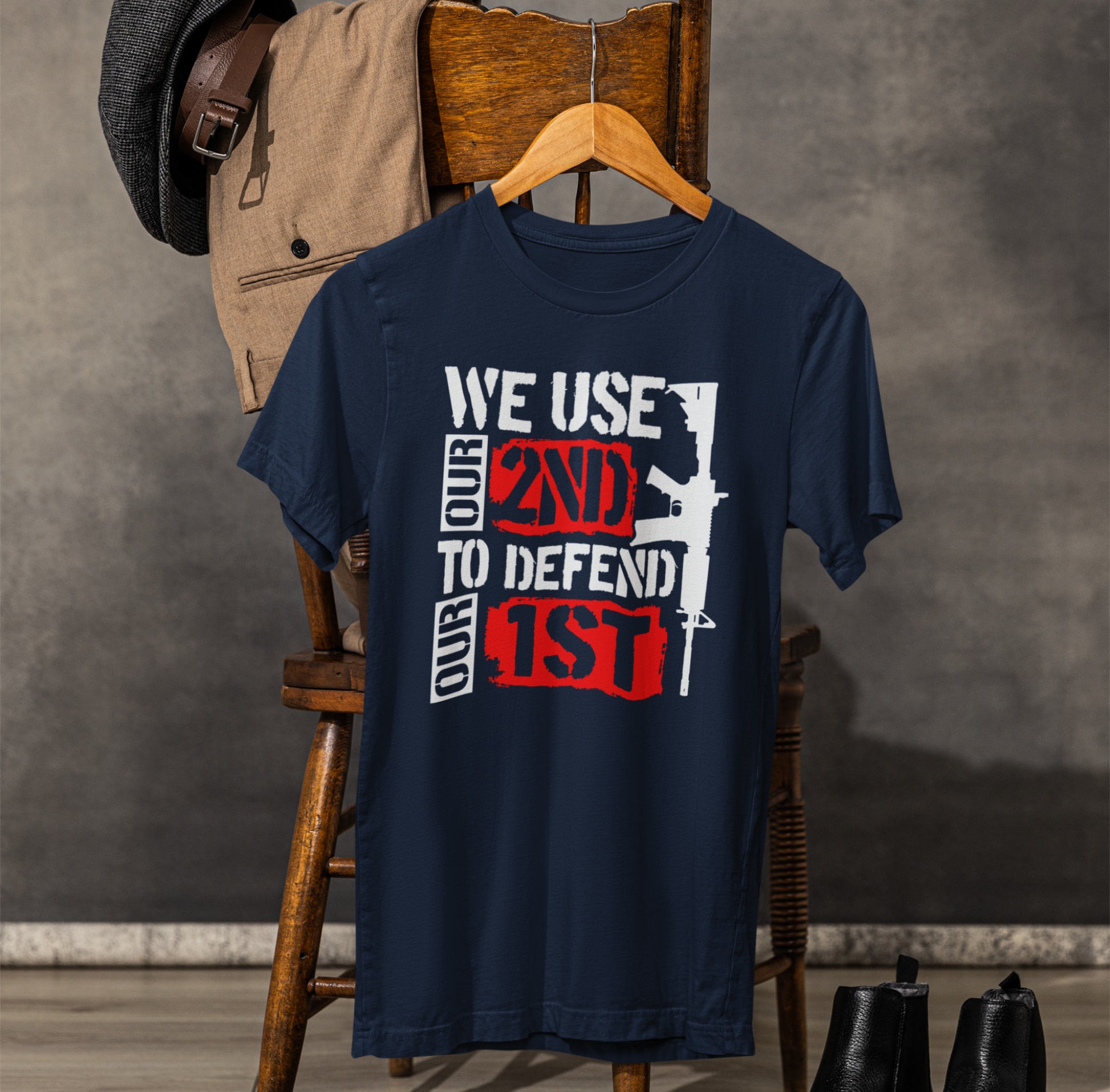 We Use Our 2nd to Defend Our 1st Unisex T-Shirt, Patriotic Short Sleeve Tee, Gun Rights Shirt, Second Amendment Gift, Men's Tee