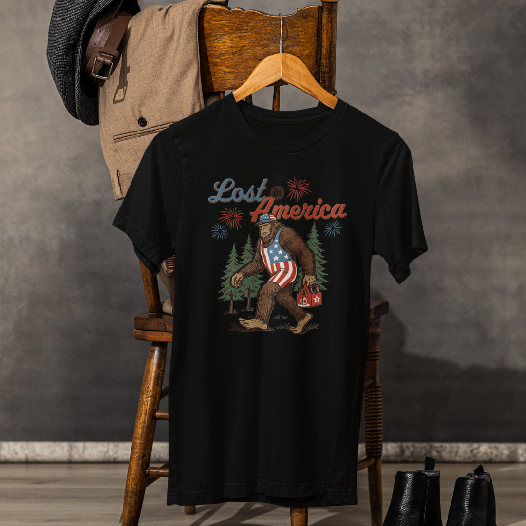 Lost in America Bigfoot Tee, Casual Summer Shirt, Outdoor Adventure Tee, Fun Gift for Nature Lovers, Festival Outfit, Patriotic Apparel