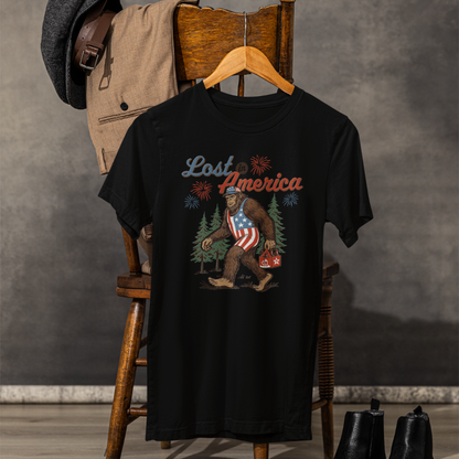 Lost in America Bigfoot Tee, Casual Summer Shirt, Outdoor Adventure Tee, Fun Gift for Nature Lovers, Festival Outfit, Patriotic Apparel