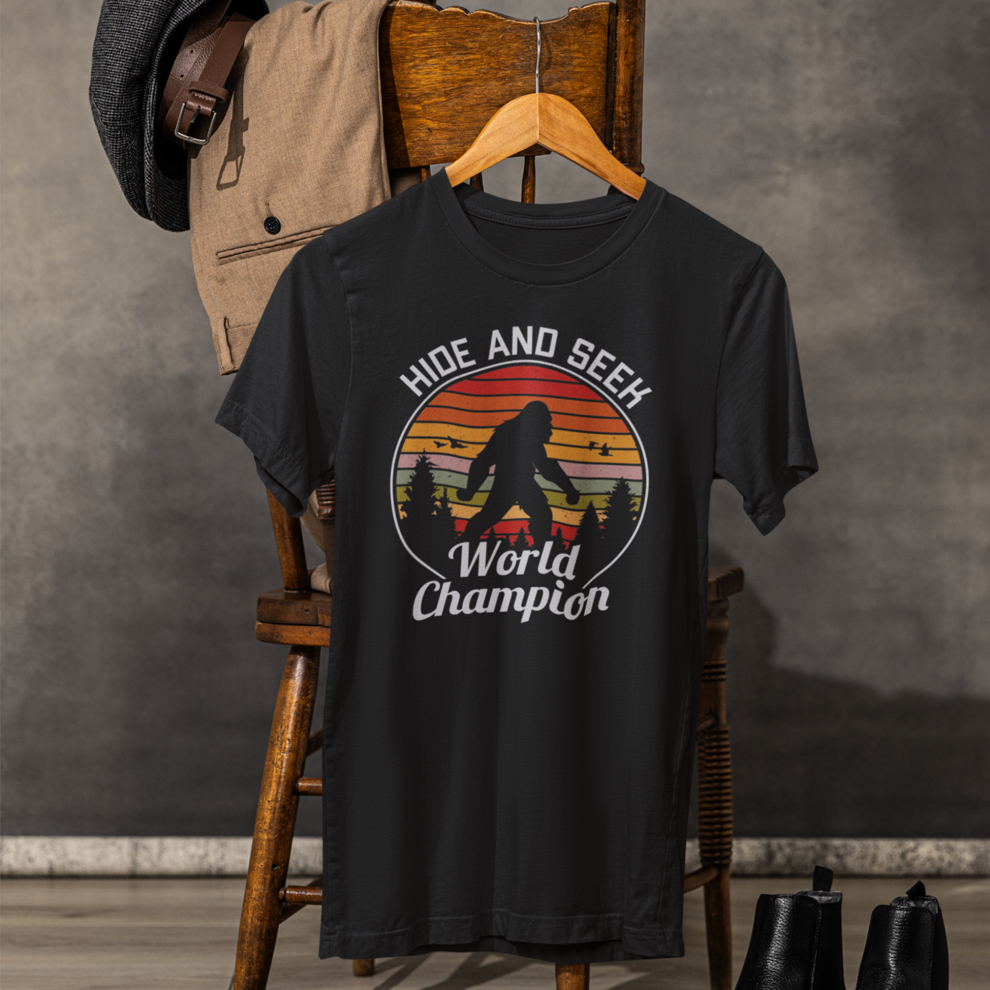 Bigfoot Hide and Seek Champion Tee, Unisex T-Shirt, Fun Gift for Kids & Adults, Retro Humor Shirt, Nature Lover Apparel, Perfect for Parties