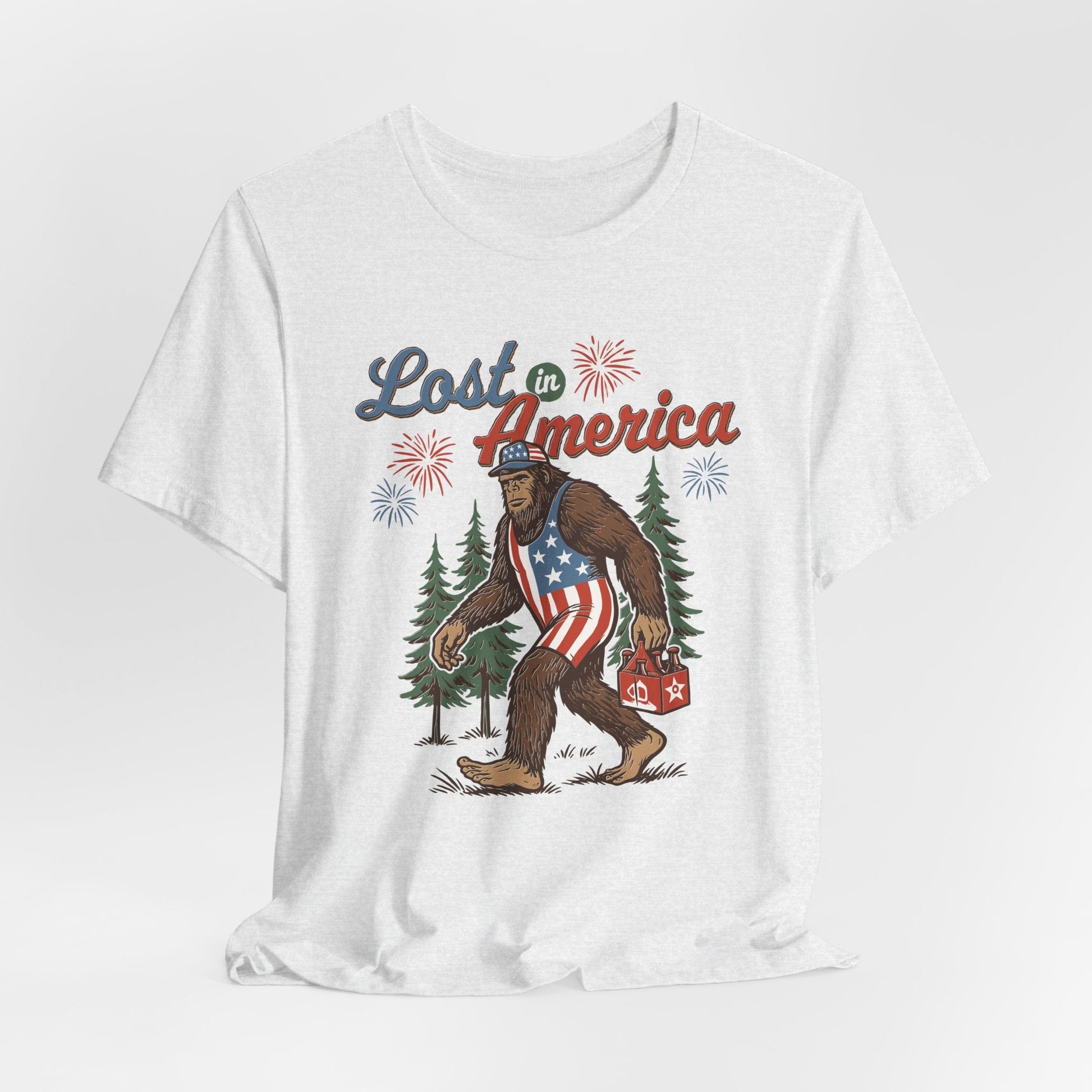 Lost in America Bigfoot Tee, Casual Summer Shirt, Outdoor Adventure Tee, Fun Gift for Nature Lovers, Festival Outfit, Patriotic Apparel