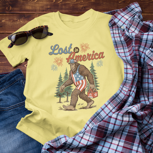 Lost in America Bigfoot Tee, Casual Summer Shirt, Outdoor Adventure Tee, Fun Gift for Nature Lovers, Festival Outfit, Patriotic Apparel