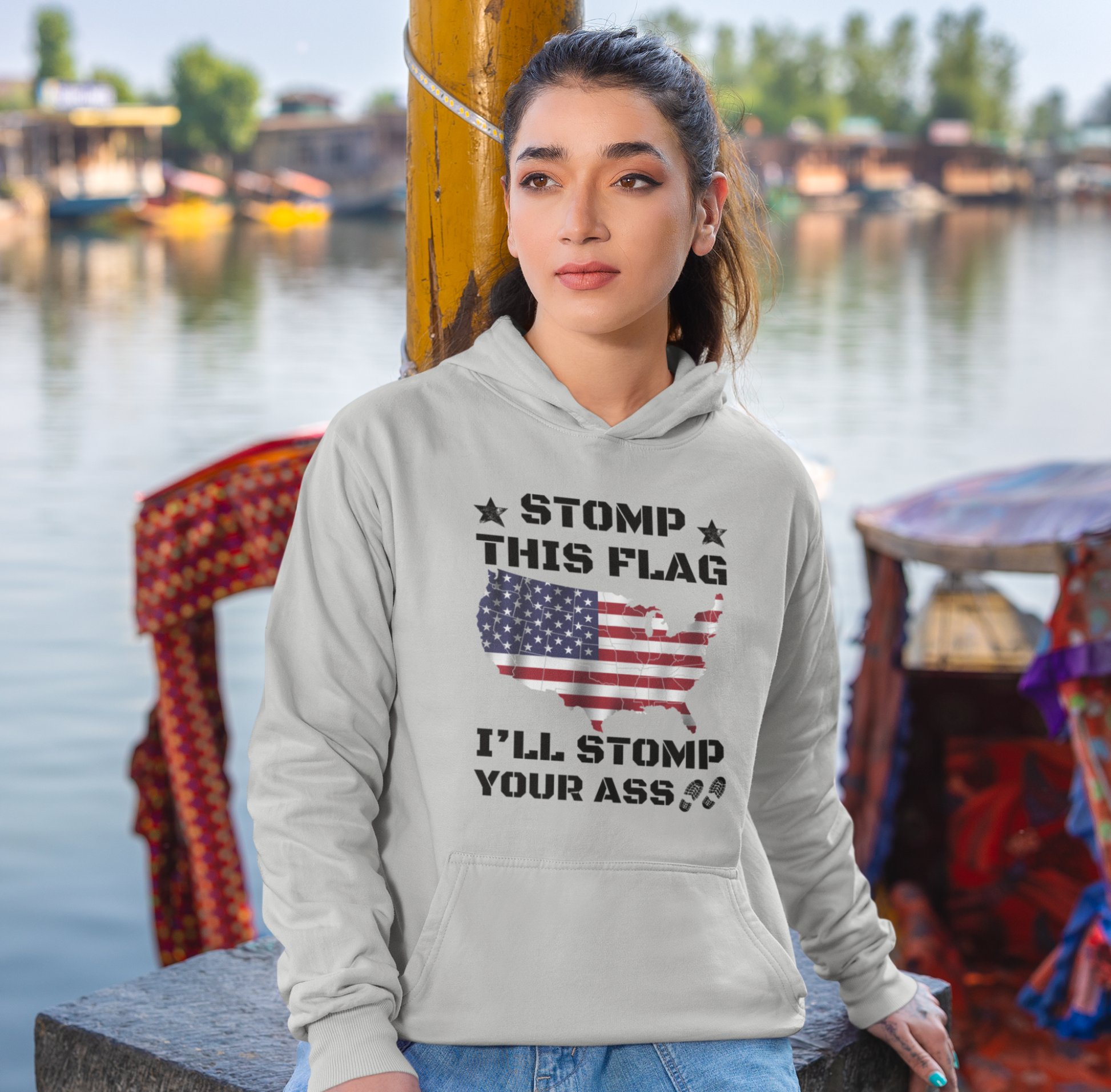 Stomp My Flag I'll Stomp Your Ass Unisex Hoodie, Bold Sweatshirt, Patriotic Gifts, USA Flag Hoodie