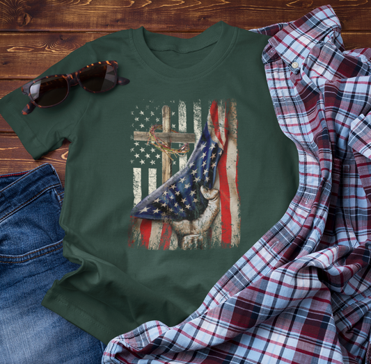 Patriotic Flag & Cross Unisex T-Shirt, Faith Tee, American Flag Shirt, USA Pride Top, Patriotic Graphic Tee