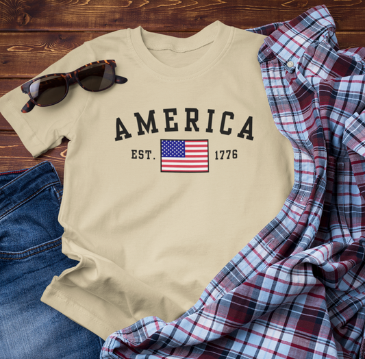 America Est 1776 Patriotic Unisex T-Shirt (Black Print) Celebrate Freedom and Liberty, Independence Day Shirt