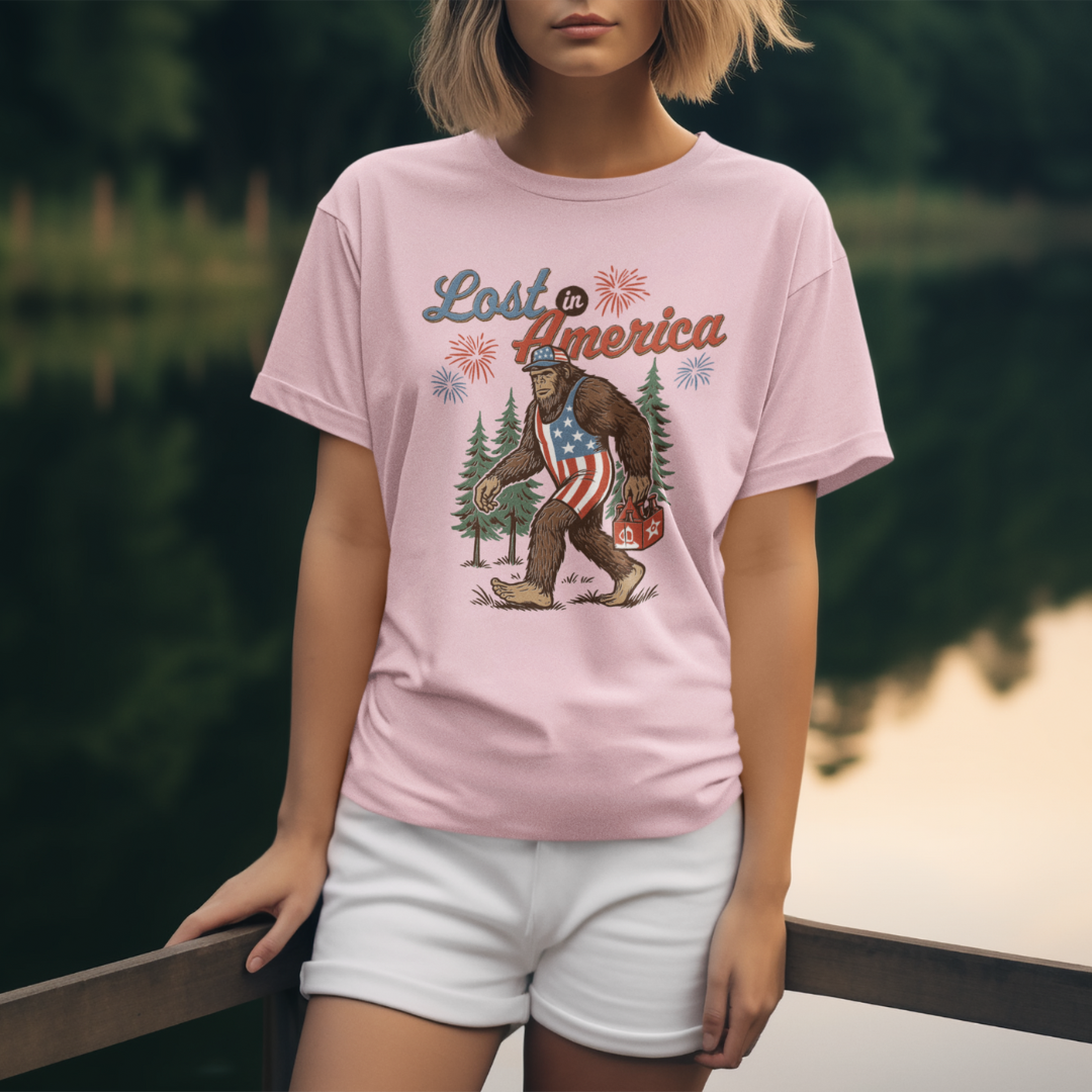 Lost in America Bigfoot Tee, Casual Summer Shirt, Outdoor Adventure Tee, Fun Gift for Nature Lovers, Festival Outfit, Patriotic Apparel