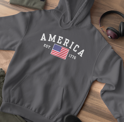 America Est 1776 Unisex Hoodie, Patriotic Sweatshirt, USA Pride Hooded Sweatshirt, Independence Day Gift, American Pride