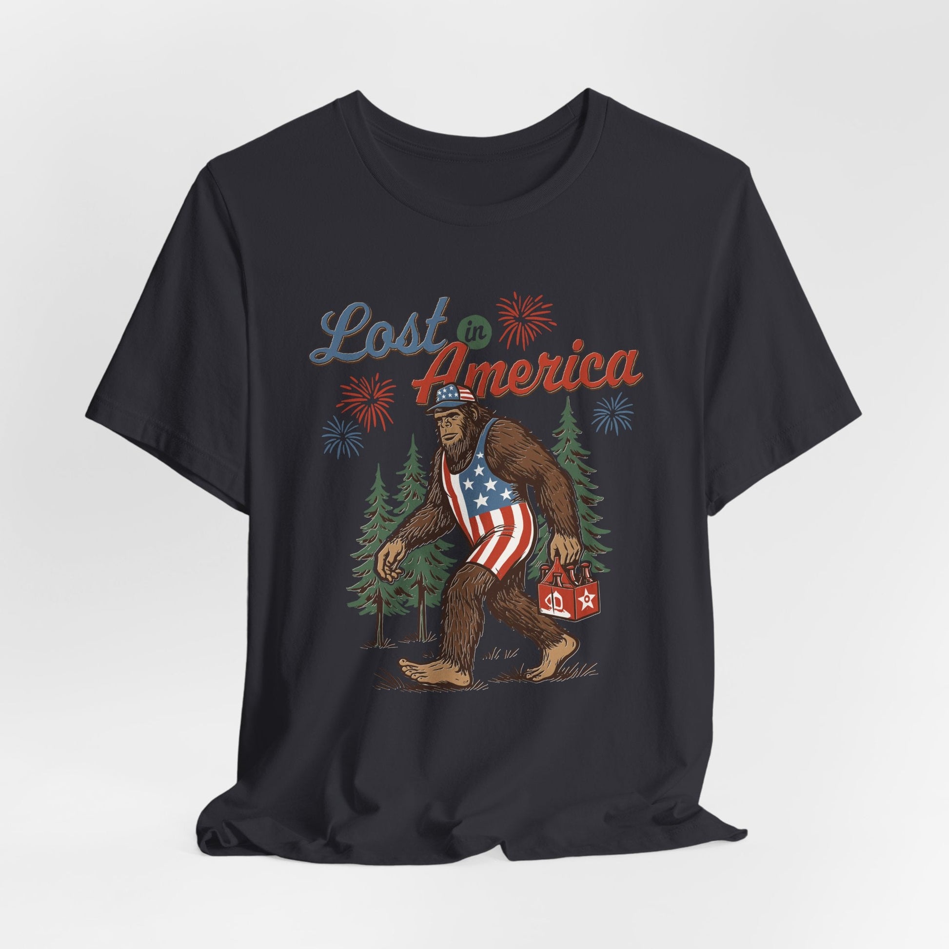 Lost in America Bigfoot Tee, Casual Summer Shirt, Outdoor Adventure Tee, Fun Gift for Nature Lovers, Festival Outfit, Patriotic Apparel