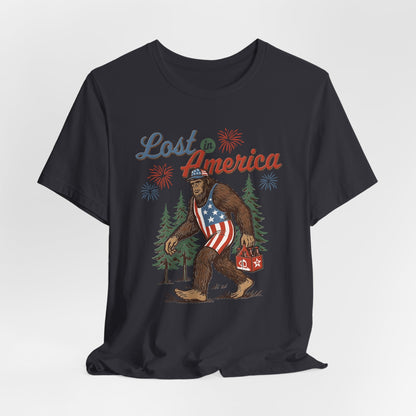 Lost in America Bigfoot Tee, Casual Summer Shirt, Outdoor Adventure Tee, Fun Gift for Nature Lovers, Festival Outfit, Patriotic Apparel