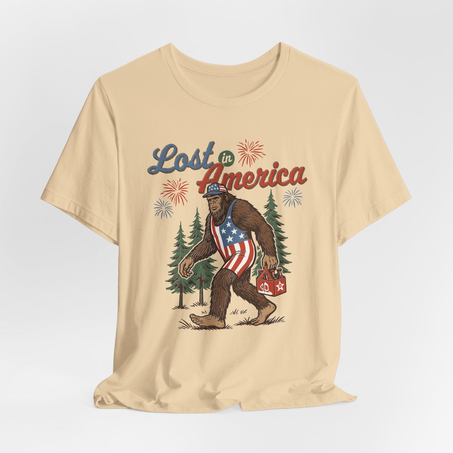 Lost in America Bigfoot Tee, Casual Summer Shirt, Outdoor Adventure Tee, Fun Gift for Nature Lovers, Festival Outfit, Patriotic Apparel