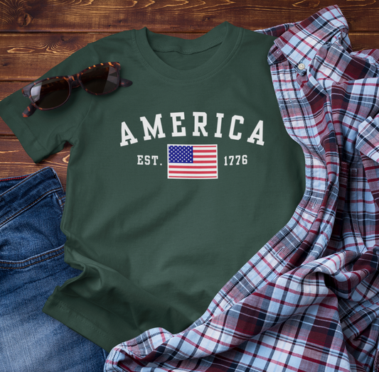 America Est 1776 Patriotic Unisex T-Shirt (White Print) Celebrate Freedom and Liberty, USA Tee, Independence Day Shirt