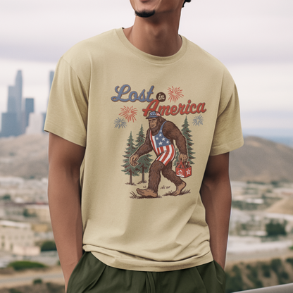 Lost in America Bigfoot Tee, Casual Summer Shirt, Outdoor Adventure Tee, Fun Gift for Nature Lovers, Festival Outfit, Patriotic Apparel