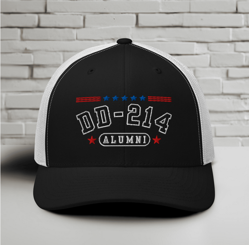 DD-214 Alumni Snapback Trucker Cap - Black Embroidery, Celebrate Your Military Journey!