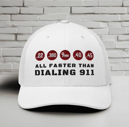 Humorous Snapback Trucker Cap - "All Faster Than Dialing 911"