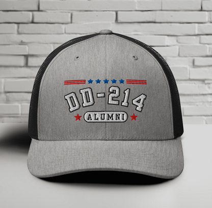 DD-214 Alumni Snapback Trucker Cap - White Embroidery, Celebrate Your Military Journey!