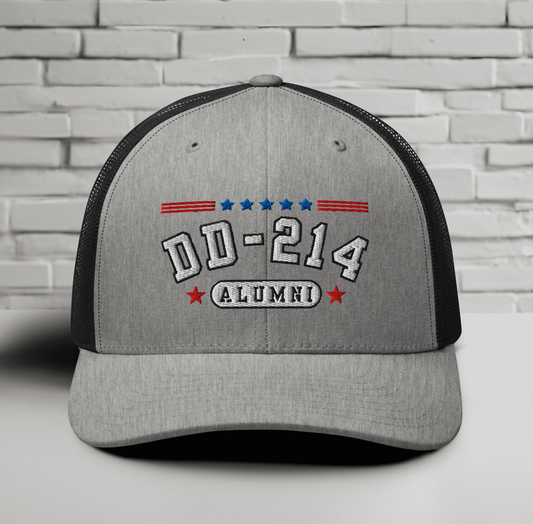 DD-214 Alumni Snapback Trucker Cap - White Embroidery, Celebrate Your Military Journey!