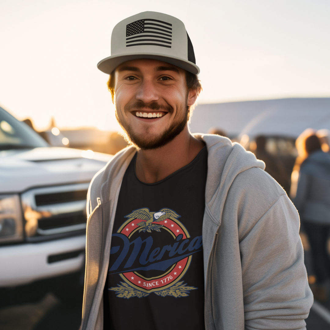 Black & White American Flag Patriotic Snapback Trucker Cap