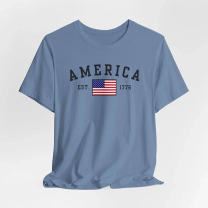 America Est 1776 Patriotic Unisex T-Shirt (Black Print) Celebrate Freedom and Liberty, Independence Day Shirt - SKULLFURY MERCH