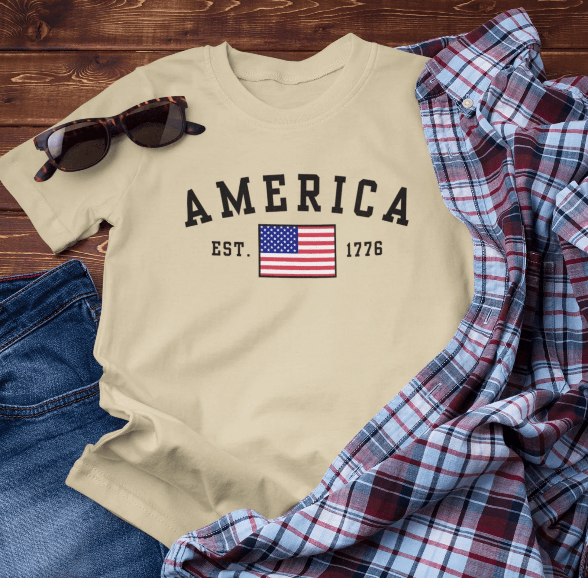 America Est 1776 Patriotic Unisex T-Shirt (Black Print) Celebrate Freedom and Liberty, Independence Day Shirt - SKULLFURY MERCH