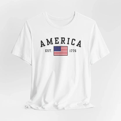 America Est 1776 Patriotic Unisex T-Shirt (Black Print) Celebrate Freedom and Liberty, Independence Day Shirt - SKULLFURY MERCH