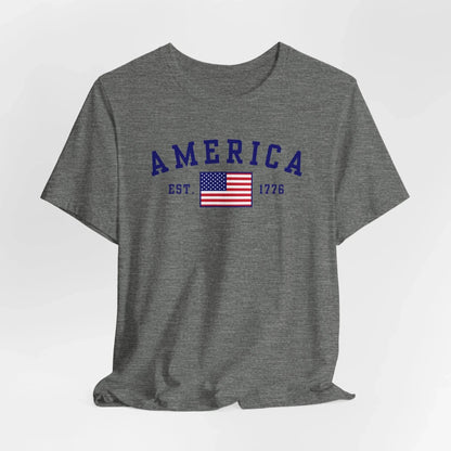 America Est 1776 Patriotic Unisex T-Shirt (Blue Print) Celebrate Freedom and Liberty, Independence Day Shirt - SKULLFURY MERCH
