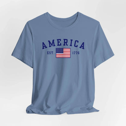 America Est 1776 Patriotic Unisex T-Shirt (Blue Print) Celebrate Freedom and Liberty, Independence Day Shirt - SKULLFURY MERCH
