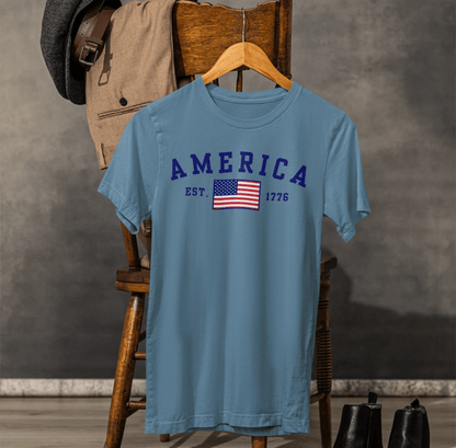 America Est 1776 Patriotic Unisex T-Shirt (Blue Print) Celebrate Freedom and Liberty, Independence Day Shirt - SKULLFURY MERCH