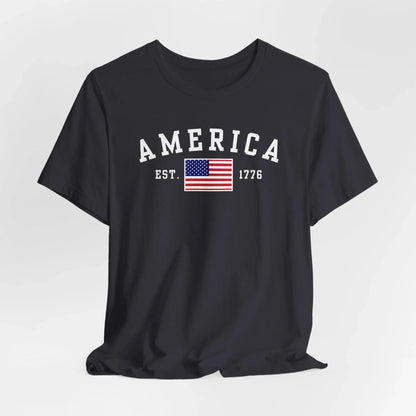 America Est 1776 Patriotic Unisex T-Shirt (White Print) Celebrate Freedom and Liberty, USA Tee, Independence Day Shirt - SKULLFURY MERCH