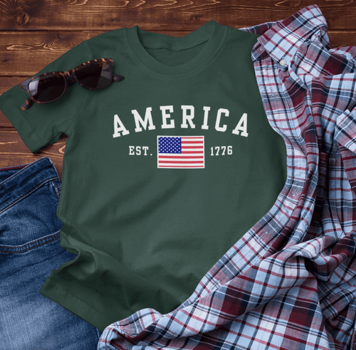 America Est 1776 Patriotic Unisex T-Shirt (White Print) Celebrate Freedom and Liberty, USA Tee, Independence Day Shirt - SKULLFURY MERCH