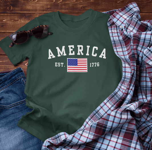America Est 1776 Patriotic Unisex T-Shirt (White Print) Celebrate Freedom and Liberty, USA Tee, Independence Day Shirt - SKULLFURY MERCH