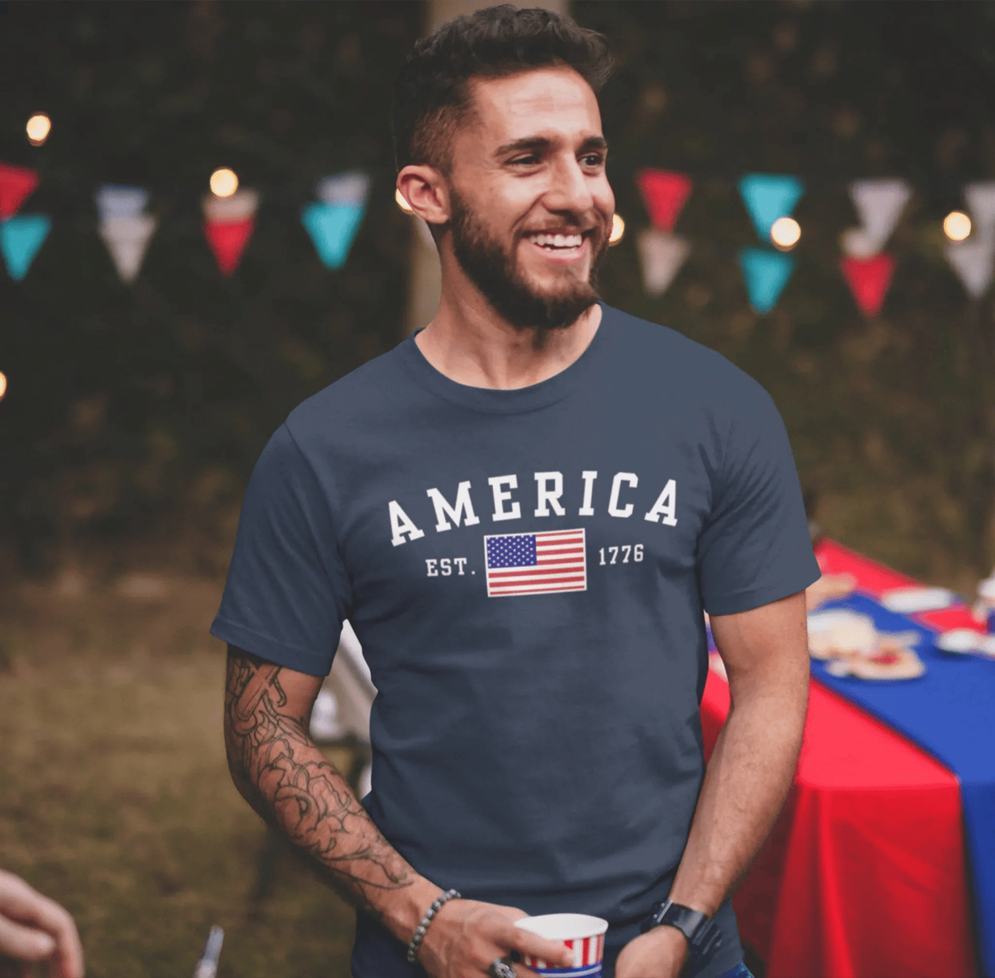 America Est 1776 Patriotic Unisex T-Shirt (White Print) Celebrate Freedom and Liberty, USA Tee, Independence Day Shirt - SKULLFURY MERCH